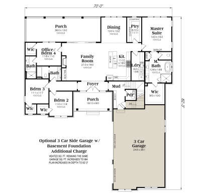 Basement foundation plan with optional 3-car garage layout. House Plan # 009-00507 Basement Foundation w/ Optional 3 Car Garage Floor Plan Drawing by America's Best House Plans, Inc.