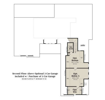 Second floor layout above optional 3-car garage with bonus room, 1 bed, 1 bath, and WIC. House Plan # 009-00507 Second Floor Above Optional 3 Car Garage Floor Plan Drawing by America's Best House Plans, Inc.