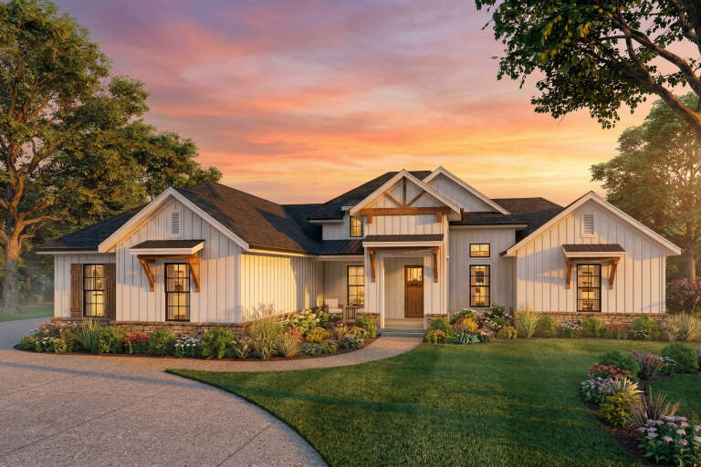House Plan House Plan #35623 Angled Front Elevation at Dusk