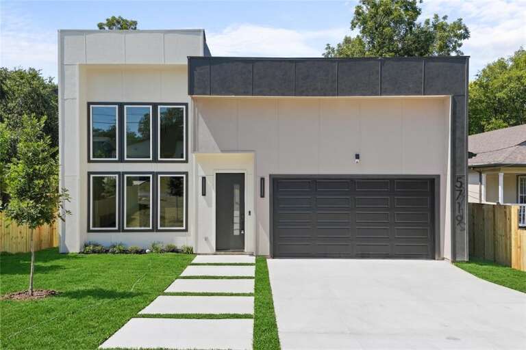 Beige Modern Front Elevation, smooth panel siding, dark trim, black garage door, linear path, and manicured lawn. House Plan # 9185-00037 Digital Rendering by America's Best House Plans, Inc.