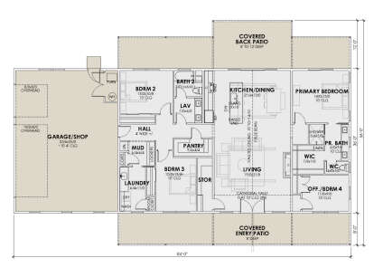 Main Floor: 4BR, 2.5BA, Vaulted Living/Kitchen/Dining, Pantry, Ldry, Mud, 3-car Garage/Shop, 2 Covered Patios, WIC, 10' Clg. House Plan # 7011-00018 Main Floor Floor Plan Drawing by America's Best House Plans, Inc.