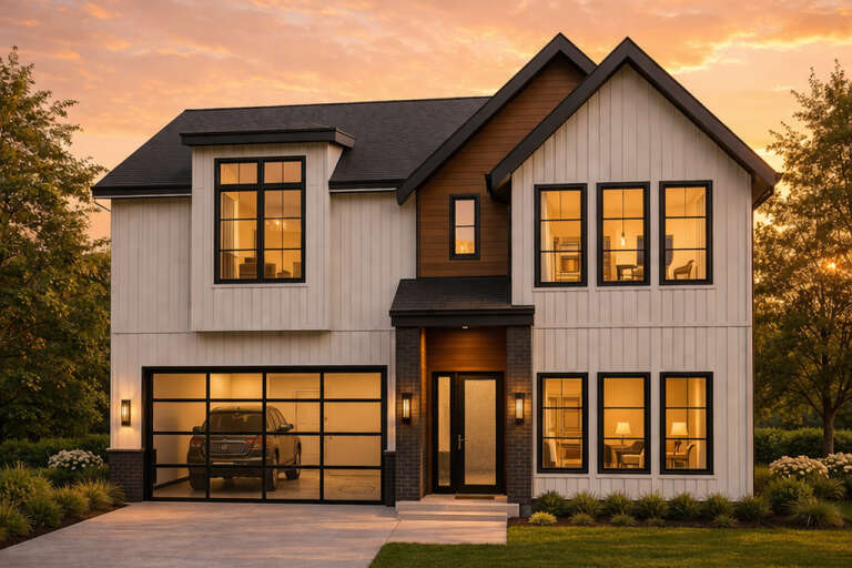 House Plan House Plan #35642 Angled Front Elevation at Dusk