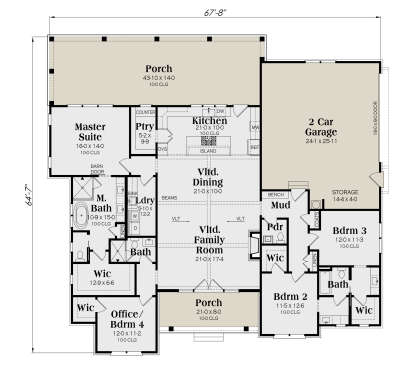 Main floor with 4BR, 3BA, open kitchen, vaulted family/dining, WIC, laundry, 2-car garage, and front/rear porches. House Plan # 009-00509 Main Floor Floor Plan Drawing by America's Best House Plans, Inc.