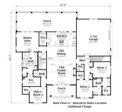 Main floor with 4BR, 3BA, basement stairs, open kitchen, vaulted family/dining, WIC, laundry, and 2-car garage. House Plan # 009-00509 Main Floor w/ Basement Stairs Location Floor Plan Drawing by America's Best House Plans, Inc.
