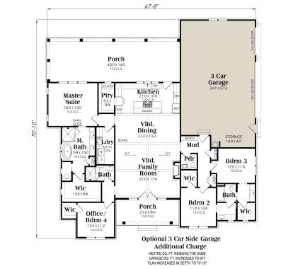 Main floor with 4BR, 3BA, open kitchen, vaulted family/dining, WIC, laundry, and 3-car garage. House Plan # 009-00509 Main Floor w/ Optional 3 Car Garage Floor Plan Drawing by America's Best House Plans, Inc.