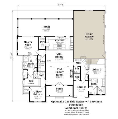 Basement foundation plan with 4BR, 3BA, open kitchen, vaulted family/dining, WIC, laundry, and 3-car garage. House Plan # 009-00509 Basement Foundation w/ Optional 3 Car Garage Floor Plan Drawing by America's Best House Plans, Inc.