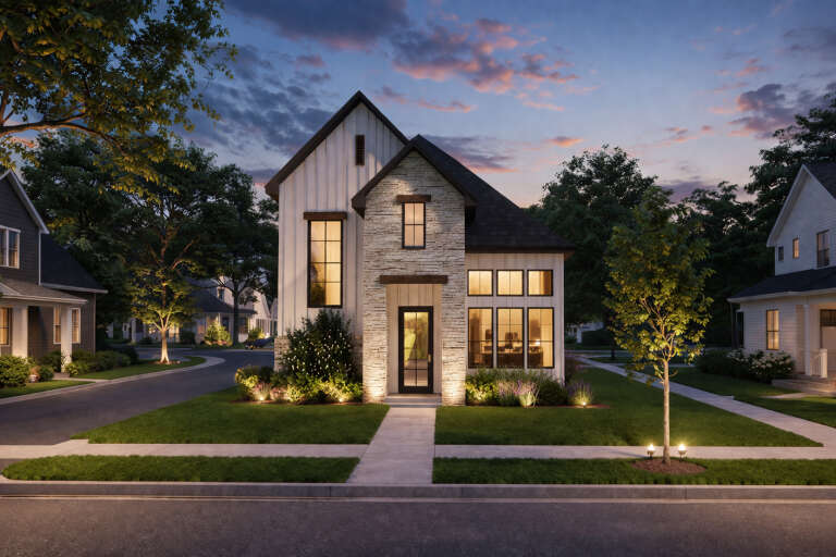 House Plan House Plan #35674 Front Elevation at Dusk