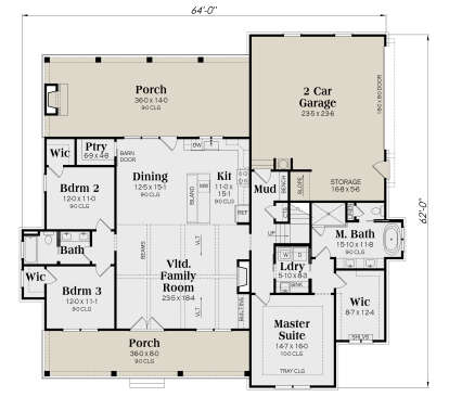 Main floor with 3BR, 2BA, open kitchen, dining, family room, WIC, Ldry, 2-car garage, and front/rear porches. House Plan # 009-00511 Main Floor Floor Plan Drawing by America's Best House Plans, Inc.