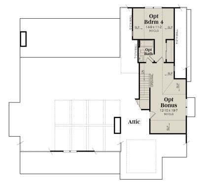 Optional second floor with 1BR, 1BA, bonus room, and attic storage. House Plan # 009-00511 Optional Second Floor Floor Plan Drawing by America's Best House Plans, Inc.