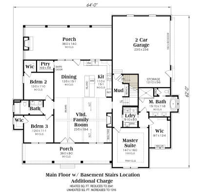 Main floor layout featuring basement stairs, 3BR, 2BA, kitchen, dining, family room, and 2-car garage. House Plan # 009-00511 Main Floor w/ Basement Stairs Location Floor Plan Drawing by America's Best House Plans, Inc.