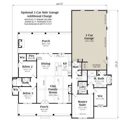 Main floor with optional 3-car garage, 3BR, 2BA, kitchen, dining, family room, and porches. House Plan # 009-00511 Main Floor w/ Optional 3 Car Garage Floor Plan Drawing by America's Best House Plans, Inc.