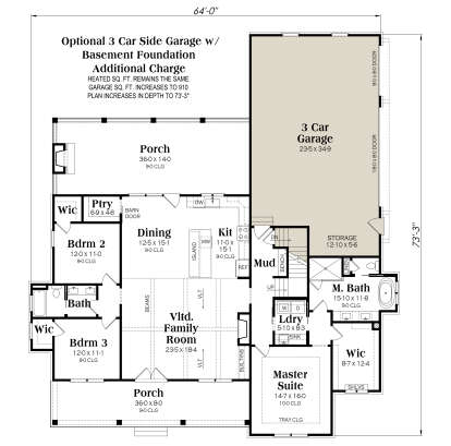Basement foundation layout with optional 3-car garage and storage. House Plan # 009-00511 Basement Foundation w/ Optional 3 Car Garage Floor Plan Drawing by America's Best House Plans, Inc.