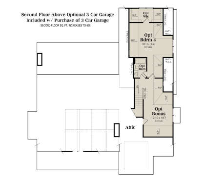 Second floor above optional 3-car garage with 1BR, 1BA, bonus room, and attic. House Plan # 009-00511 Second Floor Above Optional 3 Car Garage Floor Plan Drawing by America's Best House Plans, Inc.