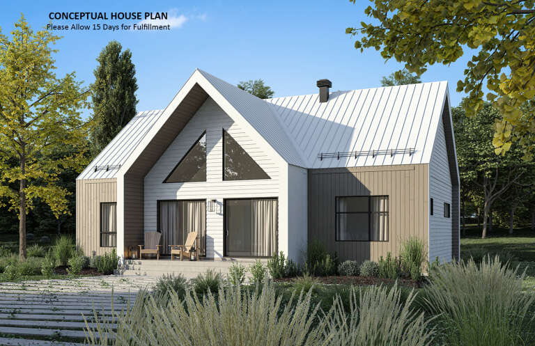 Angled front view of a white and tan Modern house, metal roof, triangular windows, sliding doors, and front patio. House Plan # 034-01434