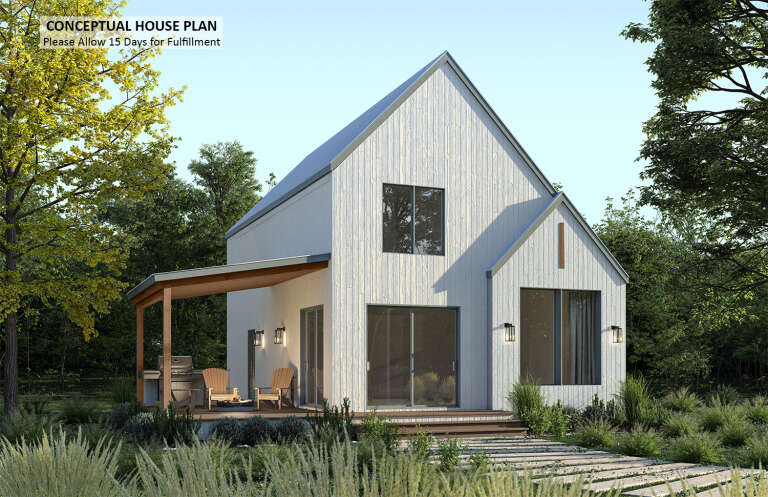 Angled rear view of a white house in Contemporary style, vertical siding, covered patio, fire pit, and metal roof. House Plan # 034-01435