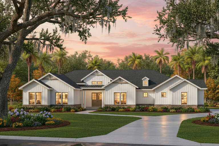House Plan House Plan #35707 Angled Front Elevation at Dusk