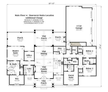 Main Floor w/ Basement Stairs: 4BR, 3.5BA, Office, Vlt Family/Dining/Porch, Kit, Ptry, Ldry, 3-car garage, 3 Porches, WICs. House Plan # 009-00513 Main Floor w/ Basement Stairs Location Floor Plan Drawing by America's Best House Plans, Inc.