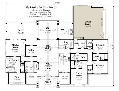 Main Floor w/ Optional 2 Car Garage: 4BR, 3.5BA, Vltd Family/Dining, Office, Kit, Ldry, Mud, 4 WICs, 3 Porches. Vltd ceilings. House Plan # 009-00513 Main Floor w/ Optional 2 Car Garage Floor Plan Drawing by America's Best House Plans, Inc.