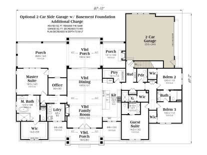 Basement Foundation w/ Optional 2 Car Garage. 4BR, 3.5BA, Office, Vltd Family/Dining/Porches, Kitchen, Pantry, Ldry, 3 WIC. House Plan # 009-00513 Basement Foundation w/ Optional 2 Car Garage Floor Plan Drawing by America's Best House Plans, Inc.