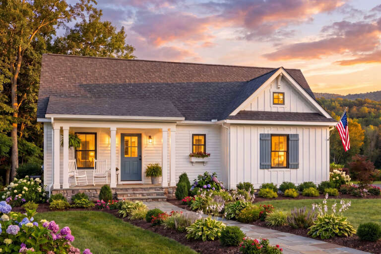 House Plan House Plan #35829 Angled Front Elevation at Dusk