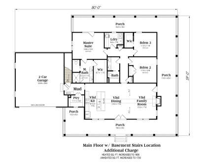 Main Floor w/ Basement Stairs: 3BR, 2BA, Vaulted Kit/Dining/Family, Ldry, Mud, 2 WIC, 2-car garage, 4 Porches, Fireplace. House Plan # 009-00514 Main Floor w/ Basement Stairs Location Floor Plan Drawing by America's Best House Plans, Inc.
