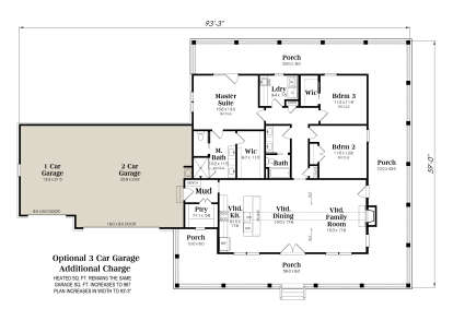 Main Floor w/ Optional 3 Car Garage: 3BR, 2BA, Vltd Kit/Dining/Family, Ldry, Mud, Ptry, 2 WIC, 3 Porches, FP. Unheated: Garage. House Plan # 009-00514 Main Floor w/ Optional 3 Car Garage Floor Plan Drawing by America's Best House Plans, Inc.