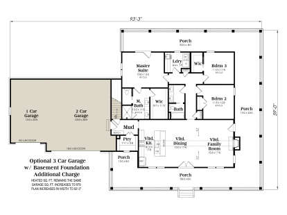 3BR, 2BA, Vaulted Kit/Dining/Family, Mud, Ptry, Ldry, 2 WIC, 3-car garage, stairs, 3 porches. Basement Foundation. House Plan # 009-00514 Basement Foundation w/ Optional 3 Car Garage Floor Plan Drawing by America's Best House Plans, Inc.
