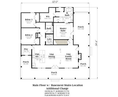 3BR, 2BA main floor with basement stairs, master suite, WIC, Ldry, pantry, open kitchen, dining, and wrap-around porch. House Plan # 009-00515 Main Floor w/ Basement Stairs Location Floor Plan Drawing by America's Best House Plans, Inc.