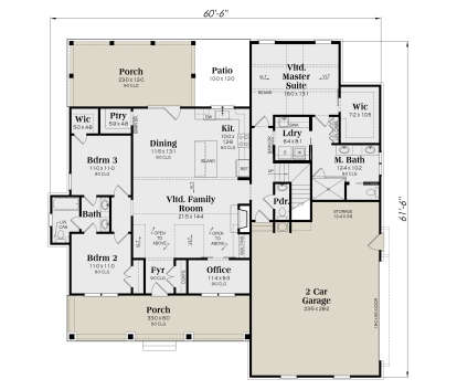Main Floor: 3BR, 2.5BA, Vltd Family, Dining, Kit, Office, Ldry, 2-car garage, 2 Porches, Patio, WIC. Unheated: garage/porch. House Plan # 009-00516 Main Floor  Floor Plan Drawing by America's Best House Plans, Inc.