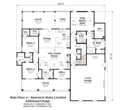Main Floor w/ Basement Stairs Location: 3BR, 2.5BA, Vltd Family, Dining, Kitchen, Office, Ldry, 2-car garage, 2 Porches, Patio. House Plan # 009-00516 Main Floor w/ Basement Stairs Location Floor Plan Drawing by America's Best House Plans, Inc.