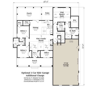 Main Floor w/ Optional 3 Car Garage: 3BR, 2.5BA, Vltd Family, Dining, Kit, Office, Ldry, WICs, 2 Porches, Patio, Stairs. House Plan # 009-00516 Main Floor w/ Optional 3 Car Garage Floor Plan Drawing by America's Best House Plans, Inc.