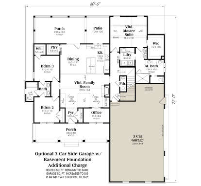 3BR, 2.5BA, Vltd Master & Family, Office, Dining, Kitchen, Ldry, 3-Car Garage, 2 Porches, Patio, WIC, Basement Foundation. House Plan # 009-00516 Basement Foundation w/ Optional 3 Car Garage Floor Plan Drawing by America's Best House Plans, Inc.