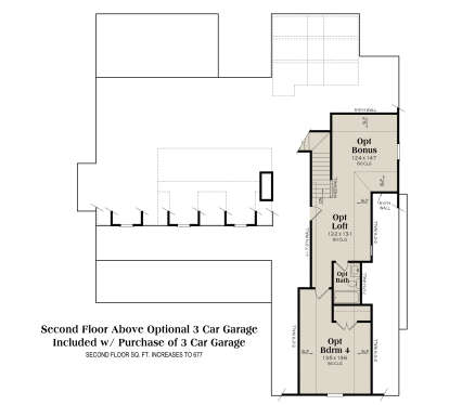Second Floor Above Optional 3 Car Garage: 1 BR, 1 BA, Opt Bonus, Opt Loft, stairs. 8' ceilings, knee walls, sloped ceilings. House Plan # 009-00516 Second Floor Above Optional 3 Car Garage Floor Plan Drawing by America's Best House Plans, Inc.