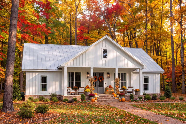 Front view of a white house in Modern Farmhouse style, metal roof, brick foundation, porch with fall decor and trees. House Plan # 041-00439