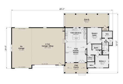 Main Floor: 2BR, 2BA, Vlt Kitchen, Vlt Family, Ldry, 2 WIC, 2-car/RV garage, 2 Porches, Unfin storage, Fireplace. House Plan # 009-00517 Main Floor  Floor Plan Drawing by America's Best House Plans, Inc.