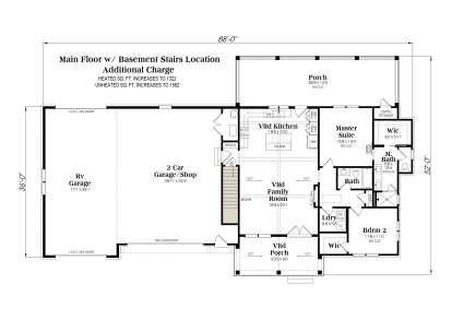 Main Floor w/ Basement Stairs: 2BR, 2BA, Vltd Kitchen/Family, Ldry, WICs. RV & 2-car garage, 2 Porches, Unfin. Storage. House Plan # 009-00517 Main Floor w/ Basement Stairs Location Floor Plan Drawing by America's Best House Plans, Inc.
