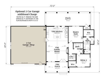 Main Floor w/ Optional 2 Car Garage: 2BR, 2BA, Vltd Kitchen & Family, Ldry, 2 WIC, Unfin Storage, 2 Porches, Elec Fpl. House Plan # 009-00517 Main Floor w/ Optional 2 Car Garage Floor Plan Drawing by America's Best House Plans, Inc.