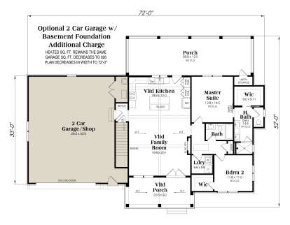 Basement Foundation w/ Optional 2 Car Garage: 2BR, 2BA, Vltd Kitchen/Family, Ldry, 2 WIC, 2 Porches, Fireplace, Unfin Storage. House Plan # 009-00517 Basement Foundation w/ Optional 2 Car Garage Floor Plan Drawing by America's Best House Plans, Inc.