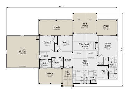 Main Floor: 3BR, 2BA, Vltd Family/Dining/Kit, Foyer, Ldry, Mud, 2-car garage, 4 Porches (3 Vltd), WIC, Pantry. House Plan # 009-00518 Main Floor  Floor Plan Drawing by America's Best House Plans, Inc.