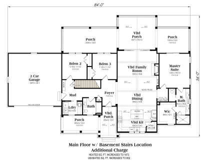 3BR, 2BA, Vltd Family/Dining/Kit, Foyer, Mud, Ldry, 2-car garage, 3 Porches, WIC, stairs. Vltd ceilings. Unheated: garage/porch. House Plan # 009-00518 Main Floor w/ Basement Stairs Location Floor Plan Drawing by America's Best House Plans, Inc.