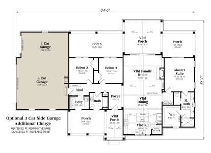 Main Floor w/ Optional 3 Car Garage: 3BR, 2BA, Vltd Family/Dining/Kit/Porch, Mud, Ldry, WIC, 3 Porches. Unheated: garage/porch. House Plan # 009-00518 Main Floor w/ Optional 3 Car Garage Floor Plan Drawing by America's Best House Plans, Inc.