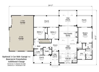 3BR, 2BA, Vltd Family/Dining/Kit, Foyer, Ldry, Mud, 3 Porches, WIC, Stairs. Opt 3-car garage, Basement Foundation. House Plan # 009-00518 Basement Foundation w/ Optional 3 Car Garage Floor Plan Drawing by America's Best House Plans, Inc.