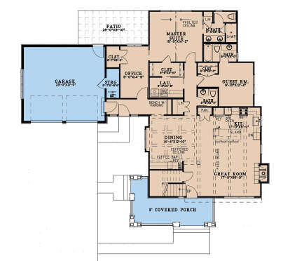 Main Floor: 2BR, 2BA, Office, Kitchen, Dining, Great Rm, Ldry, 2-car garage, Porch, Patio. Vaulted Master, Coffered ceiling. House Plan # 8318-00487 Main Floor  Floor Plan Drawing by America's Best House Plans, Inc.