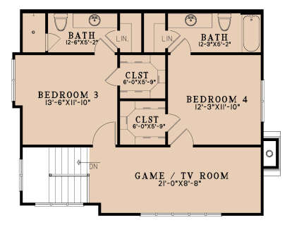 Second Floor: 2 BR, 2 BA, Game/TV Room, 2 WIC, 2 Linen closets, Stairs. House Plan # 8318-00487 Second Floor Floor Plan Drawing by America's Best House Plans, Inc.