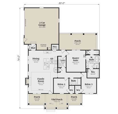 Main Floor: 3BR, 2BA, Kitchen, Dining, Family w/ tray ceiling, Ldry, Mud, Ptry, 2-car garage, 4 porches (1 vaulted), WICs. House Plan # 009-00519 Main Floor Floor Plan Drawing by America's Best House Plans, Inc.