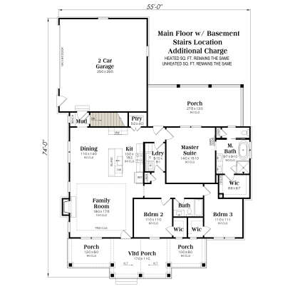 Main Floor w/ Basement Stairs: 3BR, 2BA, Kitchen, Dining, Family w/ Tray Ceiling, Ldry, Mud, 2-car garage, 4 Porches, WICs. House Plan # 009-00519 Main Floor w/ Basement Stairs Location Floor Plan Drawing by America's Best House Plans, Inc.
