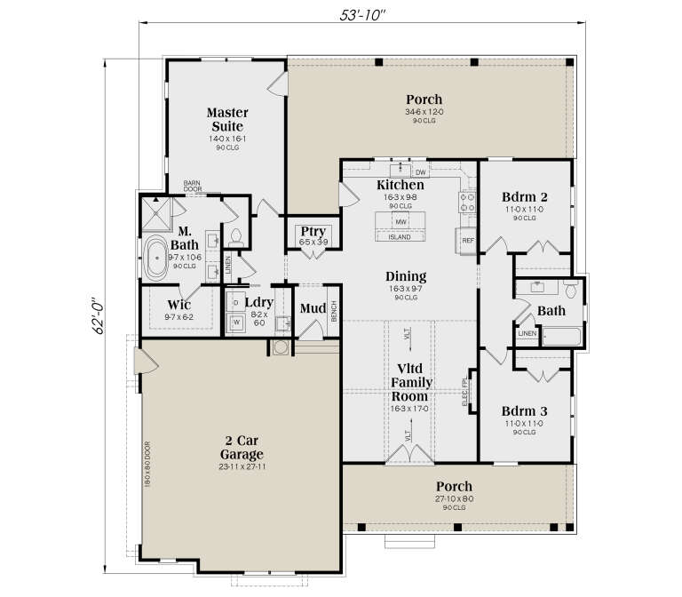 Main Floor: 3BR, 2BA, Vltd Family, Kitchen, Dining, Ptry, Ldry, Mud, 2-car garage, 2 Porches, M. Bath, WIC, Fpl. 9' clgs. House Plan # 009-00520 Main Floor  Floor Plan Drawing by America's Best House Plans, Inc.