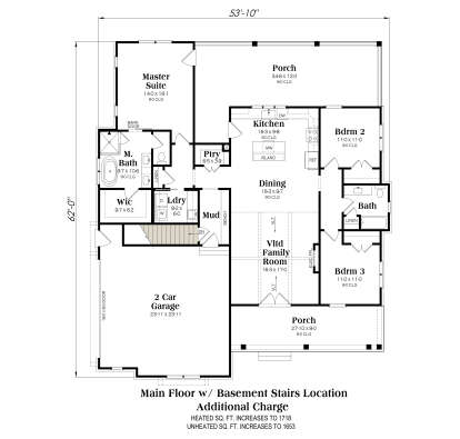 3BR, 2BA, Vltd Family, Kitchen, Dining, Pantry, Mud, Ldry, 2-car garage, 2 Porches, WIC, Basement stairs. 9' ceilings. House Plan # 009-00520 Main Floor w/ Basement Stairs Location Floor Plan Drawing by America's Best House Plans, Inc.