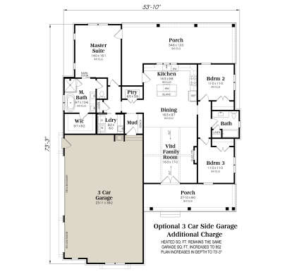 Main Floor w/ Optional 3 Car Garage: 3BR, 2BA, Vltd Family, Dining, Kitchen, Pantry, Ldry, Mud, WIC, 2 Porches, Fireplace. House Plan # 009-00520 Main Floor w/ Optional 3 Car Garage Floor Plan Drawing by America's Best House Plans, Inc.