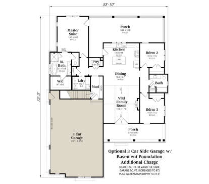 3BR, 2BA, Vltd Family, Kitchen, Dining, Mud, Ldry, WIC, Pantry, 3-car garage, 2 Porches, Stairs. Basement Foundation. House Plan # 009-00520 Basement Foundation w/ Optional 3 Car Garage Floor Plan Drawing by America's Best House Plans, Inc.